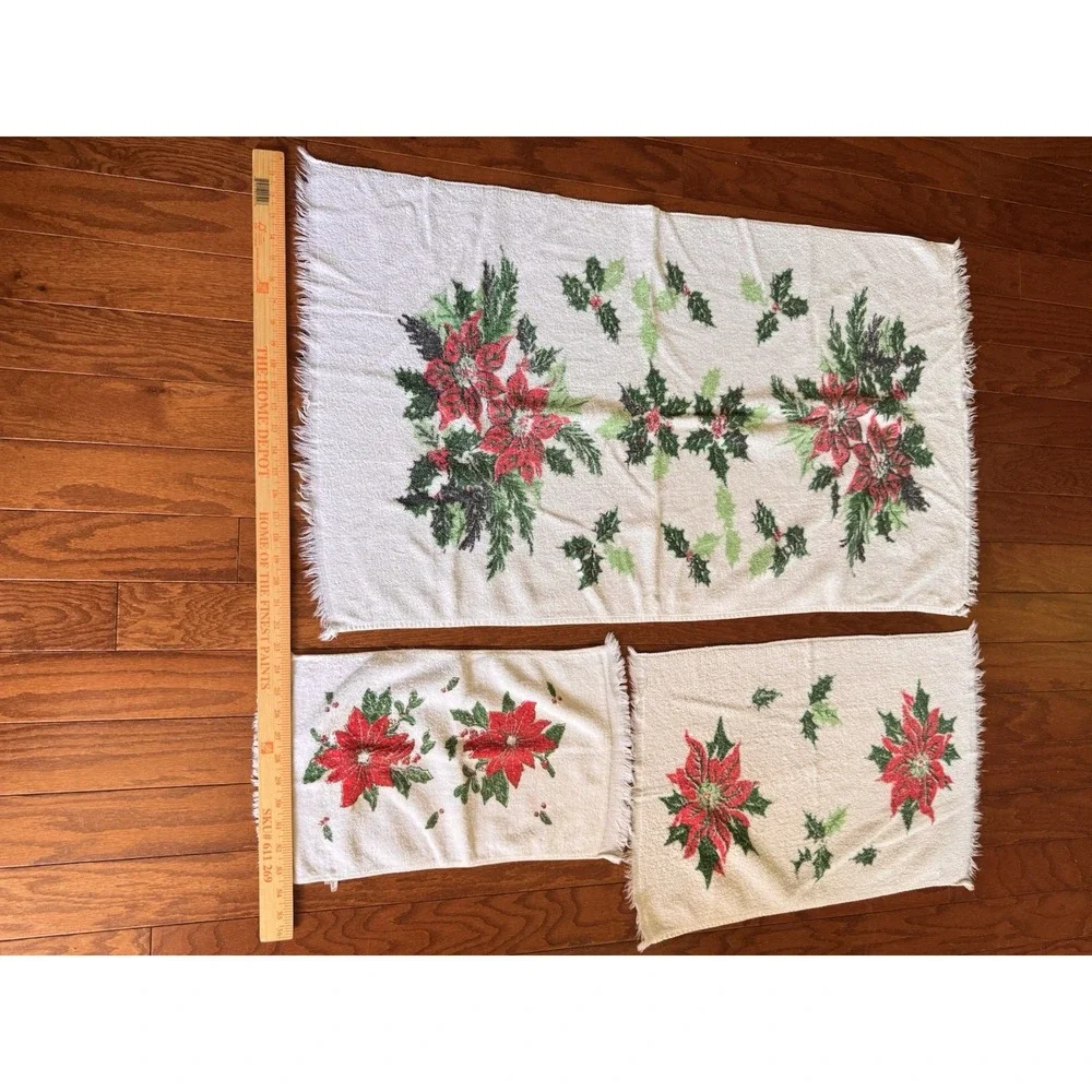Vtg Christmas Poinsettia Towel‎ Set Lot Sears Holiday Tea Hand Bath Red Green